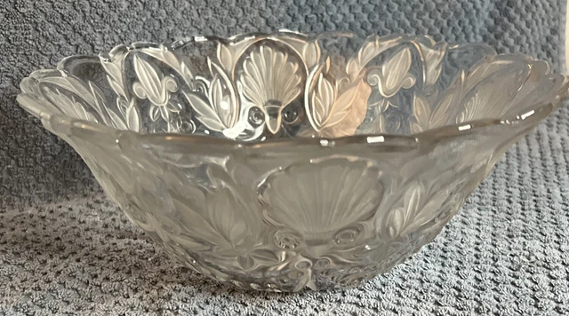 Crystal Serving Bowl 11” Clear Shell Floral Design Scalloped Vintage