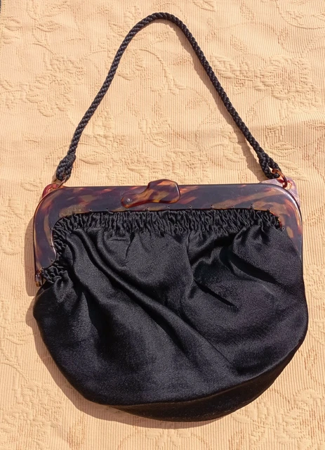 Pochette minaudière sac ancien  bourse tissus noir  fermoir bakélite vintage 50