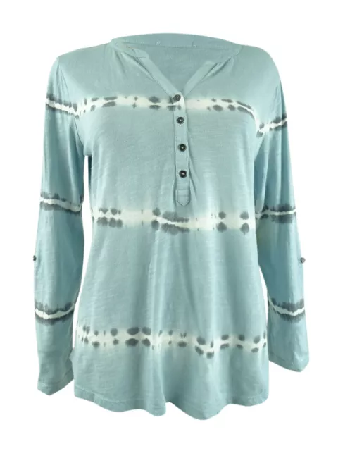 Style & Co. Women's Petite Cotton Tie-Dyed Henley Top (PM, Mint Tie Dye)