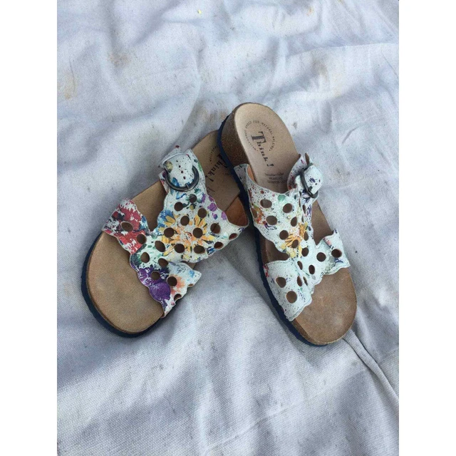Think! Womens colorful leather slide sandals adjustable white boho artsy sz 39 8