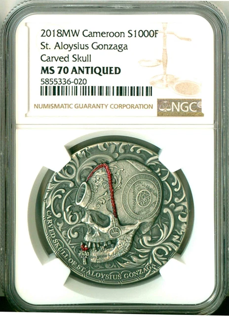 2018 MW Cameroon S1000F St. Aloysius Gonzaga Carved Skull NGC MS70 Antiqued