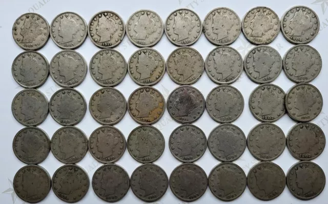 Roll of 40 Liberty V Nickels With FULL DATES & Full Rims , No Dogs in This Lot !