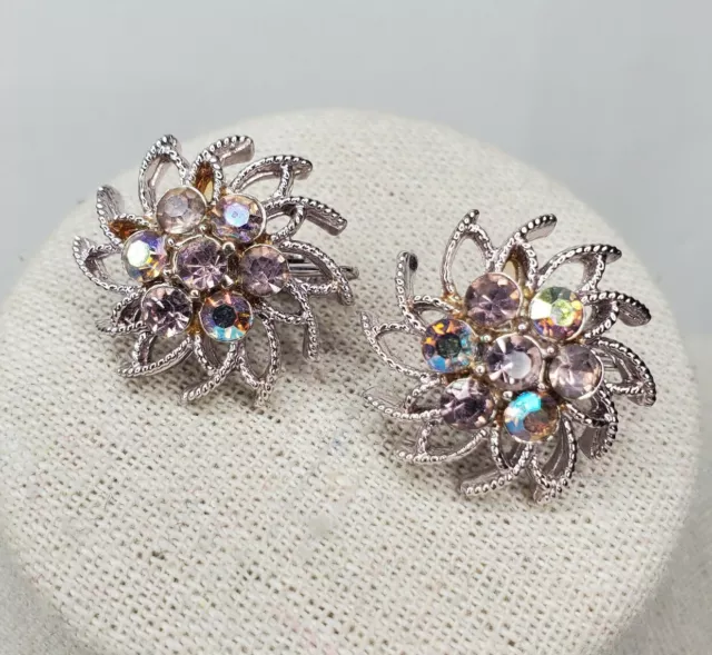 Vintage Coro Earrings Flower Pink AB Rhinestones Silver Tone Clip On Signed