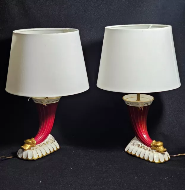 A Pair of Coalport Porcelain Cornucopia Vases, Converted to Table Lamps,