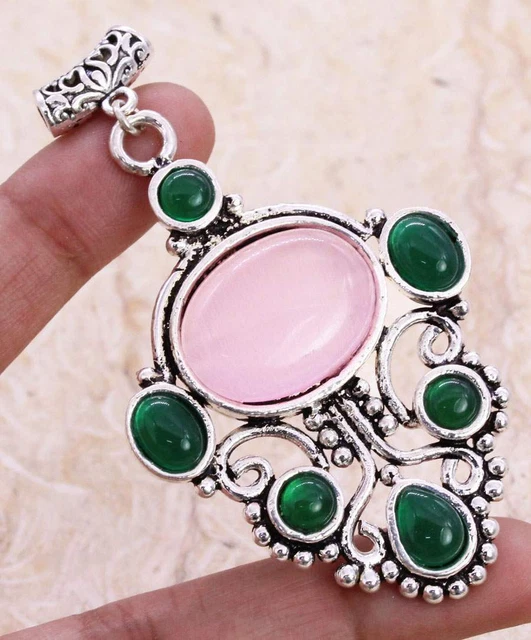 Appealing Rose Quartz 925 Silver Plated Handmade Pendant of 2.2" Ethnic Gift