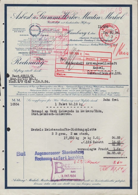 HAMBURG 1, RECHNUNG 1934, Asbest- und Gummi-Werke Martin Merkel GmbH ...