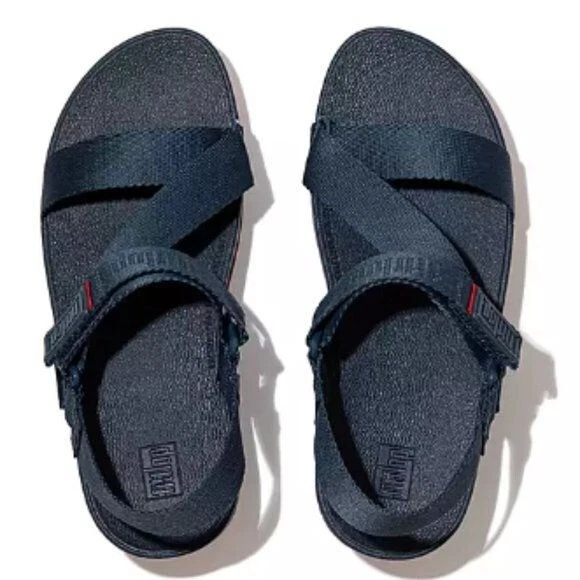 Fitflop Shoes womens 6 Navy Blue SURFA Woven-Logo Z-Strap Sandals Hook Lop Strap