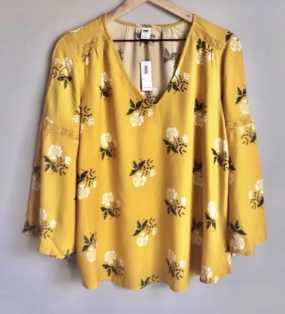 New Women’s Old Navy Floral Print Mustard Gold Yellow Lace Blouse Top Sz Med