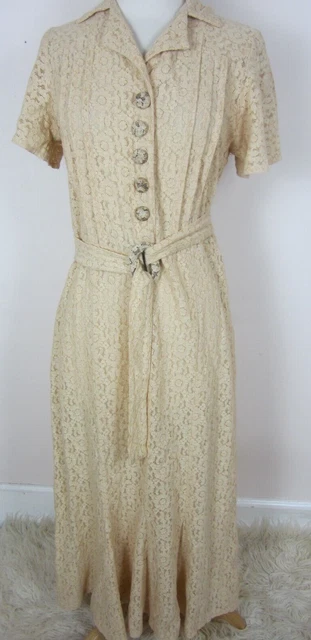 Original 40s Vintage Dressmaker Bobbin Lace Dress Womens 12 Button Front Belted