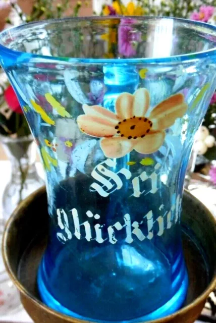 Blauer Jugendstil Glas Krug 1900 SEI GLÜCKLICH Sammler Becher Handbemalt Abriss 2