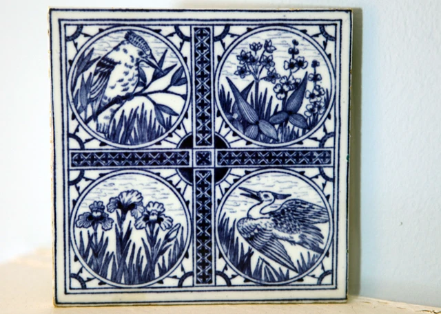 MINTON HOLLINS & CO BLUE and WHITE TILE - Kingfisher, Heron, Lillies - 1 of 2