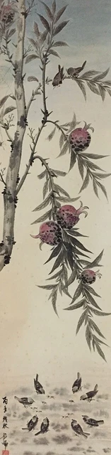 G0359 Japonés Vintage Colgante Rollo Kakejiku Mano Pintura Rosa Fruta Ave Singed