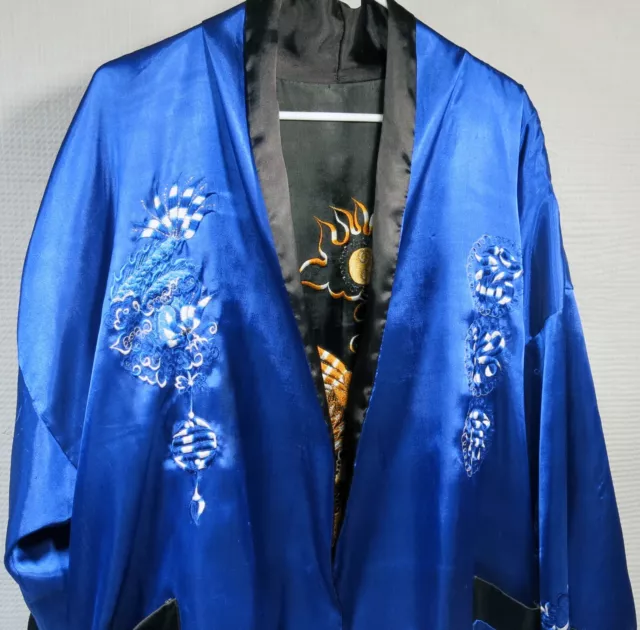 Reversible Blue/Black Embroidered Kimono w/ waist tie