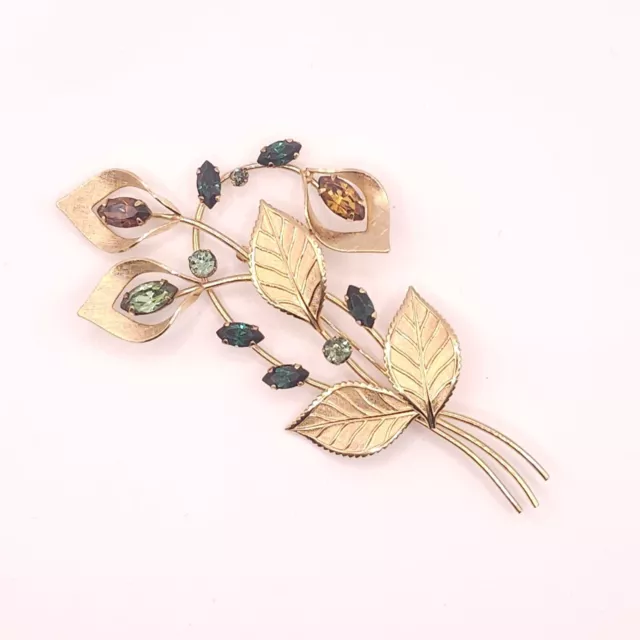 Van Dell 12k Gold Filled Leaf Brooch with Green and Amber Stones