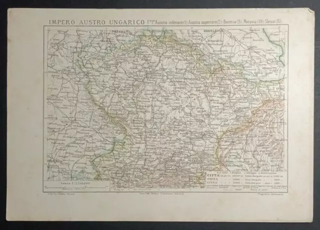 Antica mappa Impero Austro Ungarico Boemia Praga F. Vallardi 1895 Originale