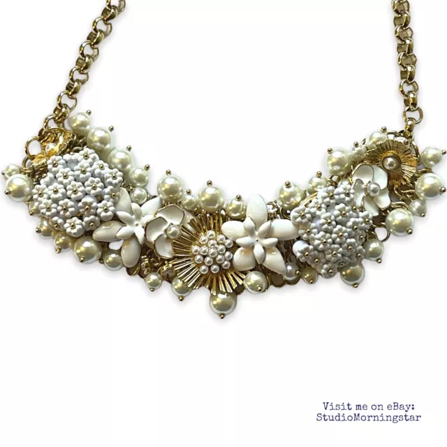 Talbot's White Enamel Flowers Faux Pearls Gold Tone Metal Statement Necklace