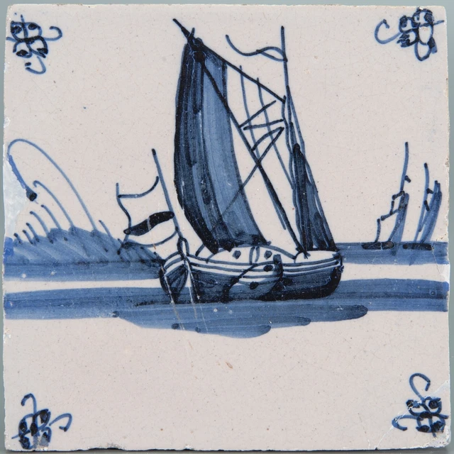 Nice Dutch Delft Blue tile, sailboats, circa 1800.