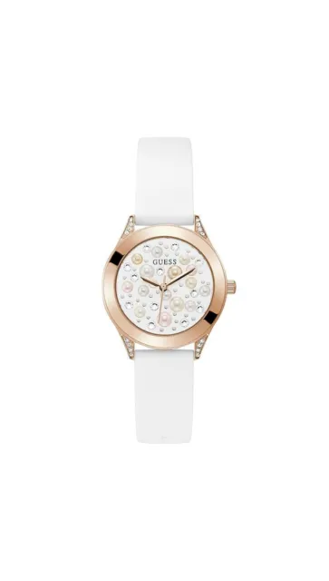 GUESS Ladies Trend Crystal 36mm Watch  Rose Gold-Tone White Dial & White Sili...