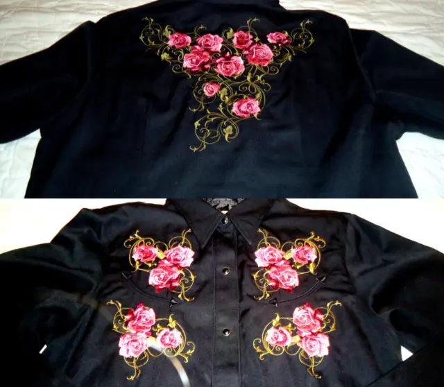 Womens Roper Western Rodeo Pearl Snap Shirt Embroidered Roses Floral Size L Rare