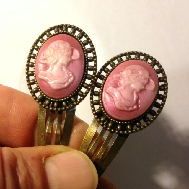 2 pcs - Antiqued Bronze Oval Bezel Hair Clips with Pink Lady Cameos 25x18mm