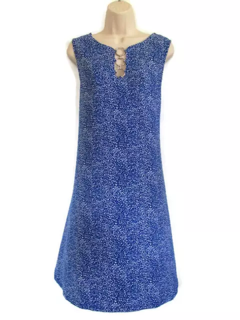 Womens MSK Blue White Dot A Line Sleeveless Dress Large L EUC 3 Ring Detail