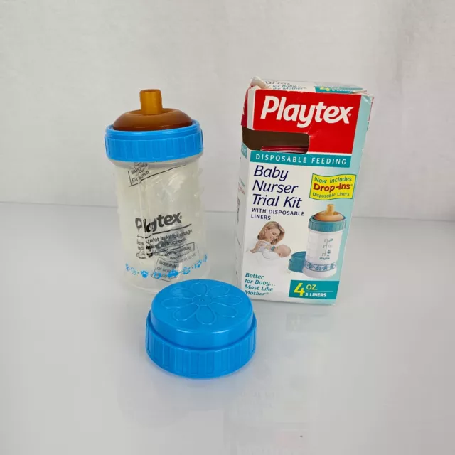 Vintage Playtex Nurser Flat Top Brown Rubber Nipple 4oz Drop-In Bottle 1996 Blue