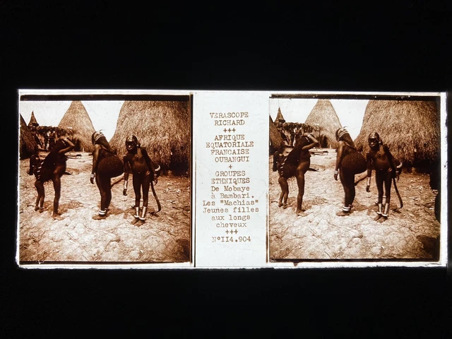 JEUNES FILLES OUBANGUI PLAQUE VERRE 45x107 VUE STEREOSCOPIQUE VERASCOPE RICHARD