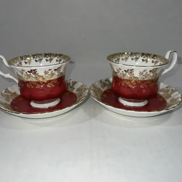 ROYAL ALBERT White - Red/Gold Floral Design Tea Cup & Saucer  England-Vintage X2