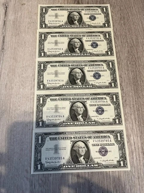 1957 B $1 One Dollar Uncirculated Silver Certificate 5 Consecutive Notes