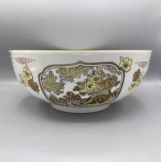 VTG GOLD IMARI Large Centerpiece Chinoiserie Bowl Rickshaw & Yellow