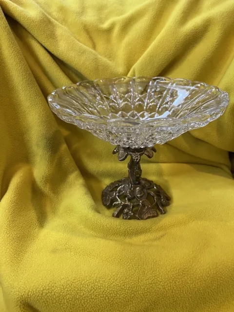 Vintage Leaded Crystal Glass Compote Bowl With Brass Pedestal 8”