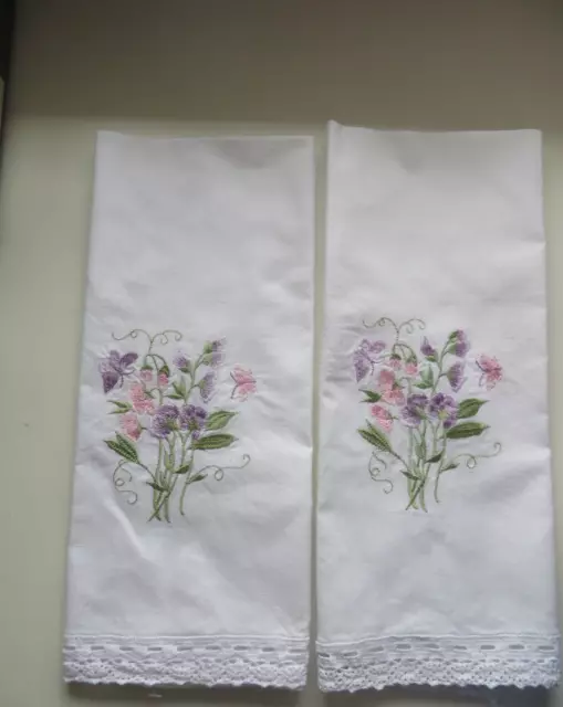 New 2 Pink and Violet Embroidered Floral White Cotton Hand Towel Tea Guest