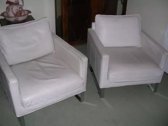 Pair of Ikea Mellby white leather and chrome armchairs