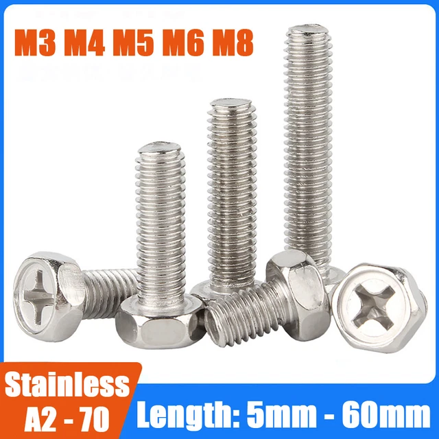 M3 M4 M5 M6 M8 Phillips Drive Hex Head Screws A2 Stainless Steel Hex