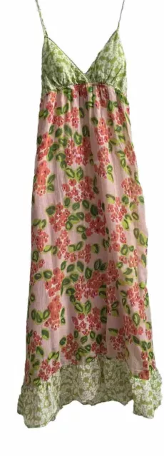 Women Floral Maxi Dress Size Small Summer Beach Sundress Light Pink Green Roses