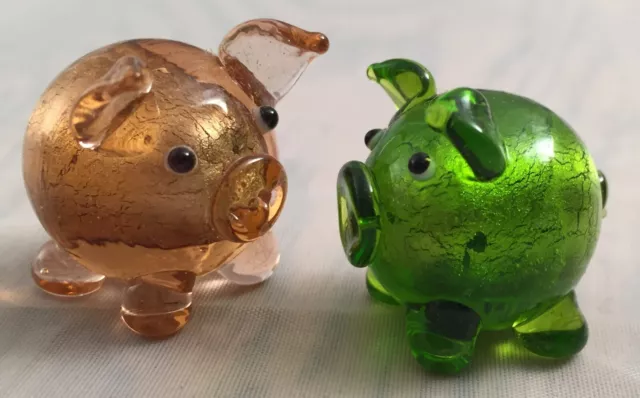 pair of glass pigs x2 glass figurines x 2 handmade glass pigs