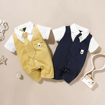 Newborn Infant Kid Baby Boys Solid Gentleman Tie Romper Jumpsuit Outfits Clothes