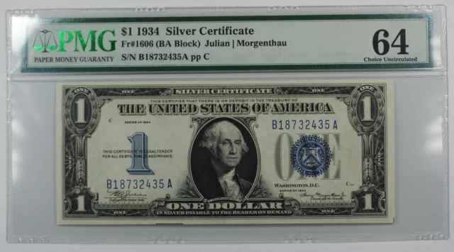 1934 One Dollar $1 Silver Certificate FR#1606 (BA Block) PMG CU-64 EPQ Spots WW