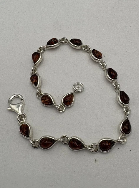 Bracelet Vintage En Argent Massif 925 Avec Gros Cabochon D'ambre - Bijou Ancien - Ambre Naturel Non Traité