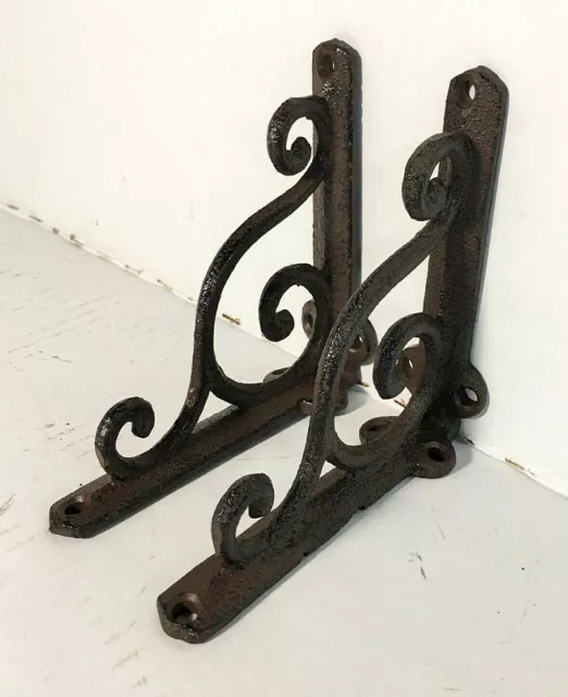 SET OF 2 SMALL RUSTIC  BROWN SCROLL BRACE BRACKET vintage looking patina finish