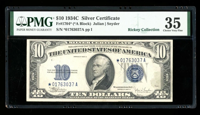 DBR 1934-C $10 Silver STAR Fr. 1704* PMG 35 Serial *01763037A