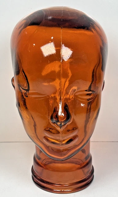 VINTAGE - 11" Tall Mannequin Head ORANGE Heavy Glass Hat Wig Display  EUC