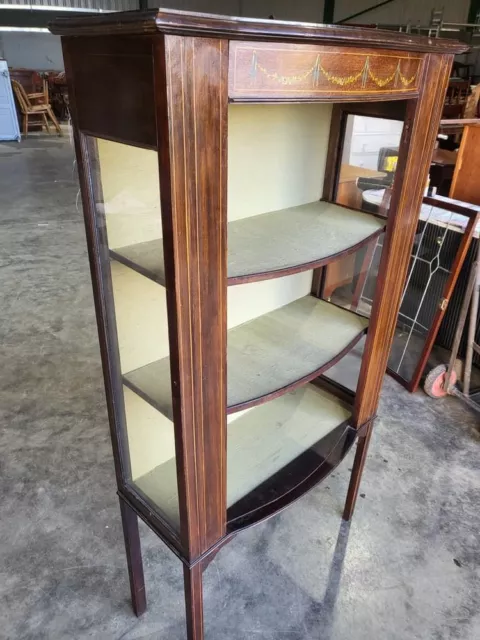 Antique Edwardian mahogany inlaid tall bow front open bookcase cabinet shelves 2