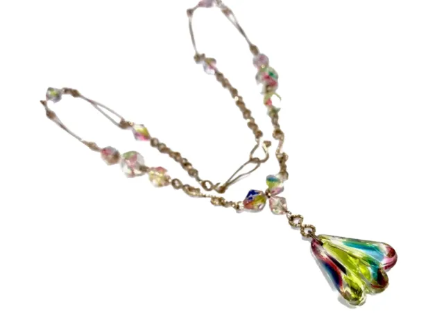 Vintage Art Deco Rainbow Glass Crystal Glass Drop Necklace 17 Inches Long