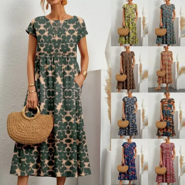 Casual Womens Loose Floral Maxi Dress Ladies Boho Short Sleeve Holiday Sundress