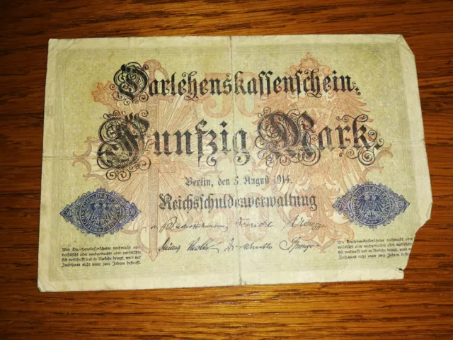 Original Darlehenskassenschein 50 Mark, Nr. 419956, 05.08.1914, gebraucht