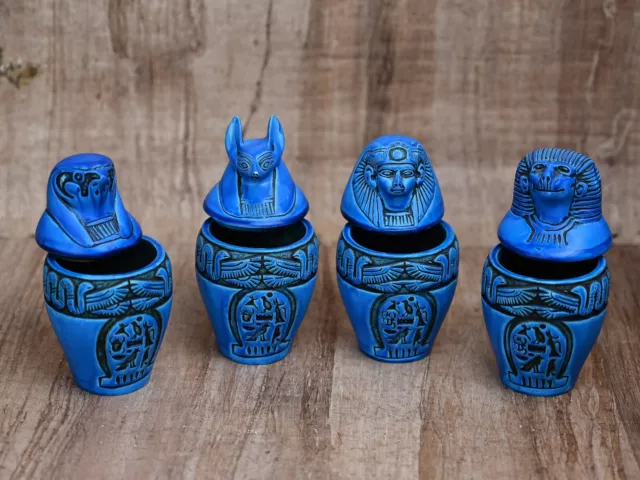 Unique Egyptian art Set of 4 canopic jars (sons of Horus) blue made in egypt