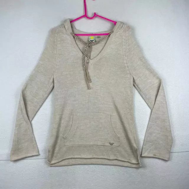 Roxy Sweater Womens Medium Cream Colored Pullover Beach Pocket V Neck