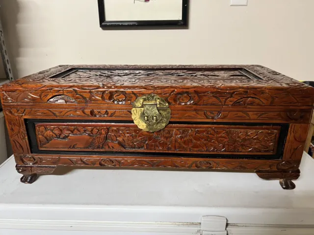 Asian Chinese Hand Carved (Camphor Wood) Footed Chest