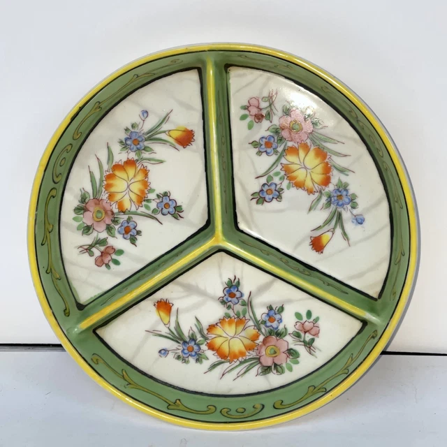 Antique 1920’s Moriyama Mori-Machi Japan Hand Painted Green Floral Divided Dish